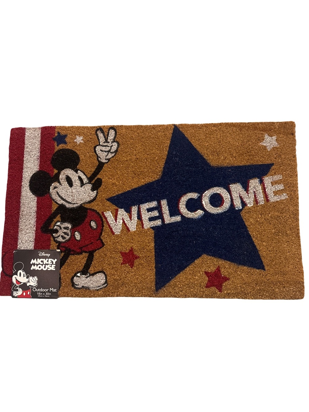 Disney Mickey Mouse 4th July Welcome Doormat Brown Navy Red White 18x30 Outsoor